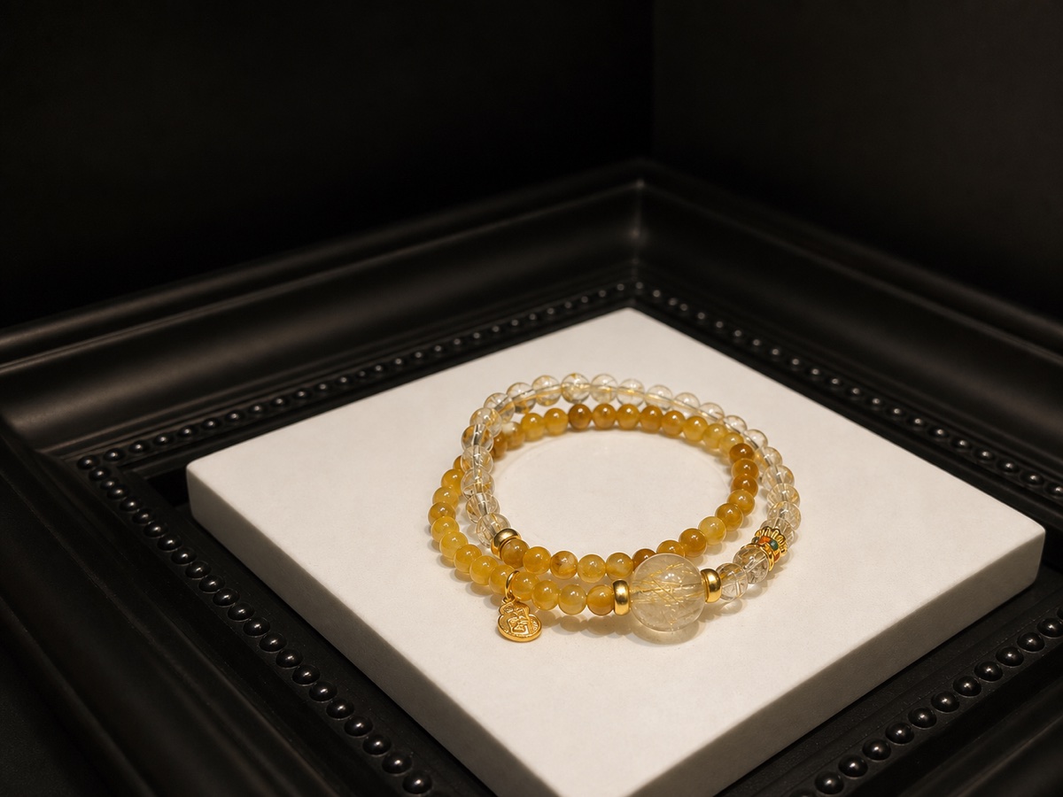 Yellow and clear beaded bracelets displayed in a black presentation frame