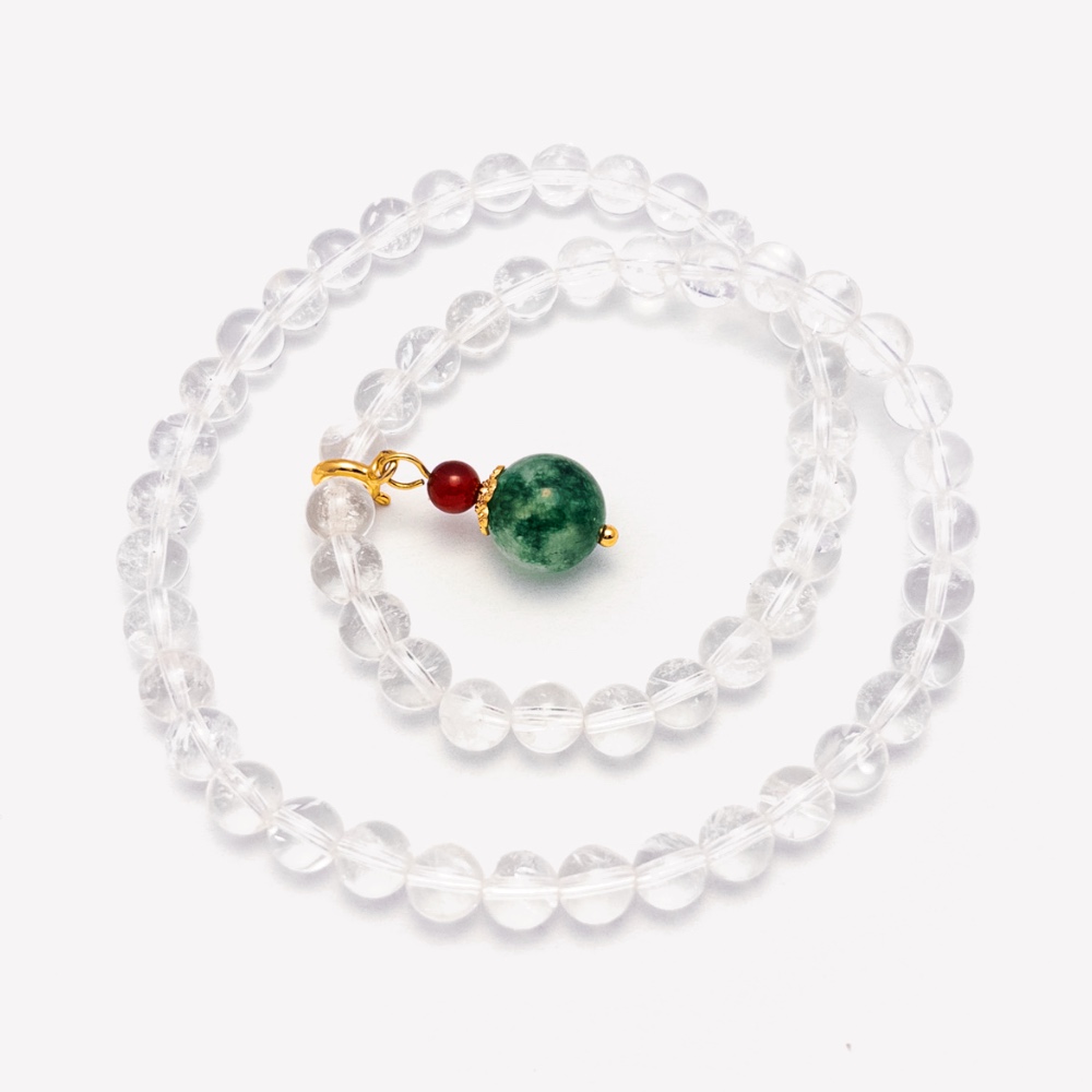 Clear quartz double-wrap bracelet with a jade-green drop